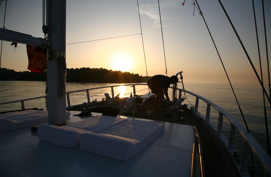 Deck of Atlantia Gulet on sunset with Maestral Travel Agency